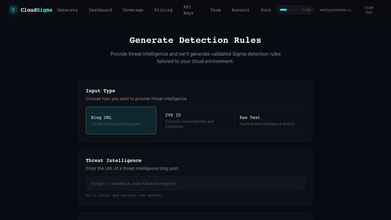 Generate Detection Rules — input type selection and URL form