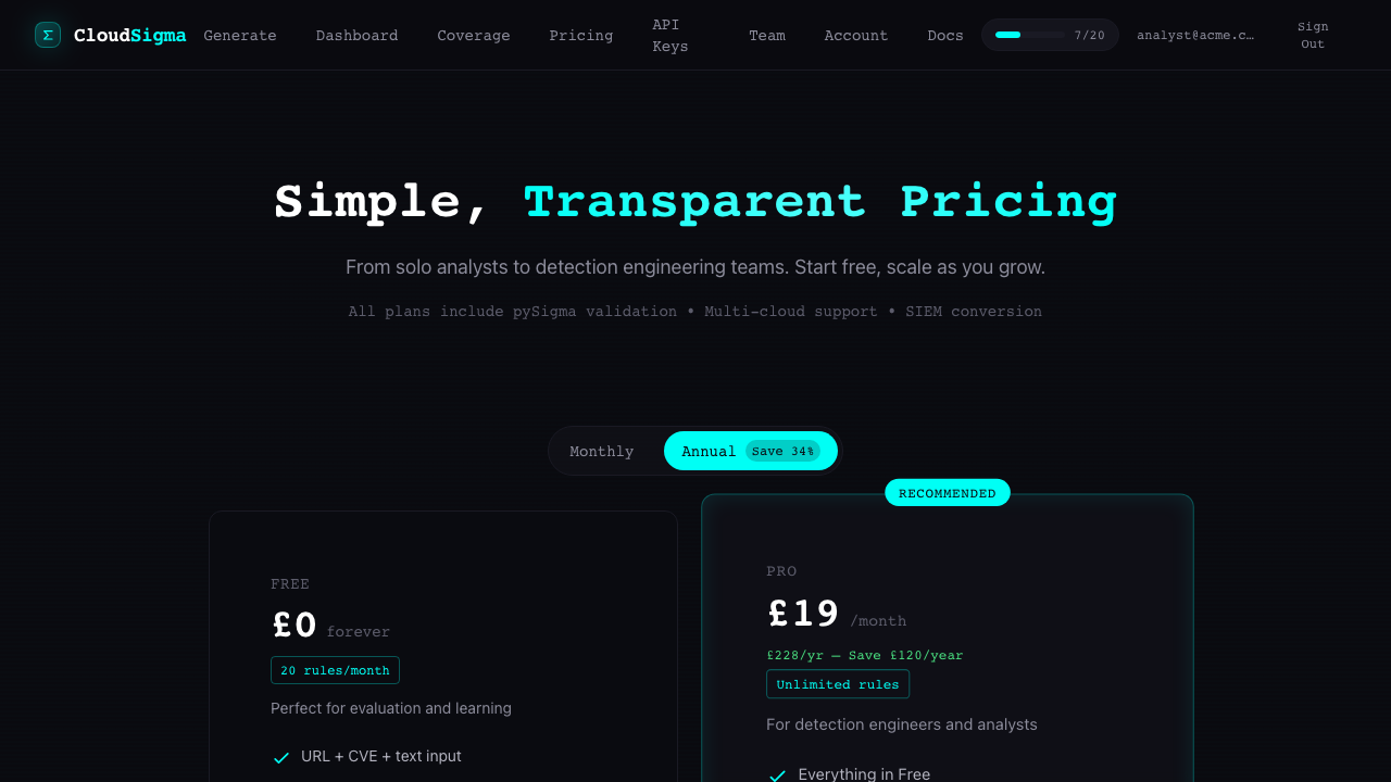 Pricing tiers — Free and Pro plans with feature comparison
